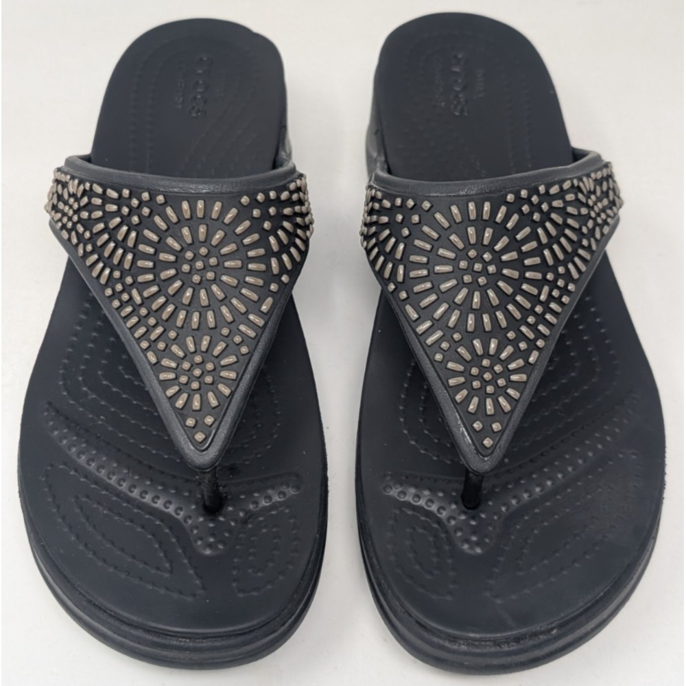 Crocs Monterey Diamante Women's Black Wedge Flip Flop Sandals Size 9
